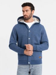 Bluza męska dresowa z kapturem zapinana na guziki – granatowy melanż V1. Niebieskie bluzy męskie Ombre Clothing, l, bez wzorów, z bawełny, z kapturem. W wyprzedaży za 109.99 zł.