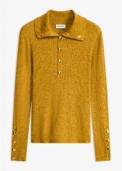 Sweter polo z wiskozą. Żółte swetry nierozpinane damskie bonprix, bez wzorów, z wiskozy, eleganckie, bez kołnierzyka, bez ramiączek. Za 129.99 zł.