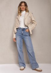 Jasnoniebieskie Szerokie Jeansy z Dodatkiem Bawełny High Waist Otharia. Niebieskie jeansy damskie Renee, bez wzorów, z bawełny, z podwyższonym stanem. Za 119.99 zł.