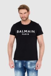 BALMAIN Czarny t-shirt męski ze srebrnym logo. Czarne t-shirty męskie Balmain, l, bez wzorów, bez kołnierzyka, bez ramiączek. W wyprzedaży za 1,299.99 zł.