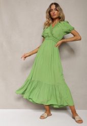 Jasnozielona Boho Sukienka z Bawełny o Kopertowym Fasonie Rissatina. Zielone sukienki damskie Renee, do pracy, s, bez wzorów, z bawełny, biznesowe, bez kołnierzyka, bez ramiączek, midi, kopertowe. Za 39.99 zł.