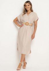 Jasnobeżowa Wiskozowa Sukienka z Paskiem Ozdobionym Plecionką i Klamrą Mlevena. Brązowe sukienki damskie Born2be, plus size, bez wzorów, z wiskozy, eleganckie, bez kołnierzyka, plus size, bez ramiączek, midi. Za 84.99 zł.