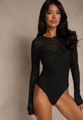 Czarne Body Typu Longsleeve z Koronki Eseiana. Czarne body Renee, bez wzorów, z jeansu. Za 89.99 zł.
