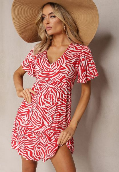 Czerwona Rozkloszowana Sukienka Mini z Wiskozy Ozdobiona Hipnotyzującym Printem Aluraisa. Czerwone sukienki damskie Renee, l, bez wzorów, z wiskozy, bez kołnierzyka, bez ramiączek, mini, rozkloszowane. Za 79.99 zł.