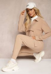 Ciemnobeżowy Komplet Dresowy Bluza z Suwakiem i Kołnierzem i Spodnie z Kieszeniami Cargo Taigena. Brązowe bluzy damskie Renee, m, bez wzorów, z dresówki, bez ramiączek, bez kaptura. Za 74.99 zł.