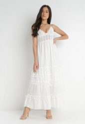 Biała Sukienka Dorassa. Białe sukienki damskie Born2be, m, bez wzorów, z bawełny, boho, bez kołnierzyka, bez ramiączek, maxi, rozkloszowane. Za 199.99 zł.