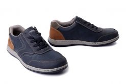 RIEKER 17304-14 blue, półbuty męskie. Niebieskie półbuty męskie Rieker, bez wzorów, bez obcasa, bez zapięcia. Za 349.90 zł.