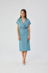 Elegancka sukienka z kołnierzem niebieska. Niebieskie sukienki damskie Sukienki.shop, do pracy, l, bez wzorów, z elastanu, biznesowe, bez kołnierzyka, bez ramiączek, midi, dopasowane. Za 349.00 zł.