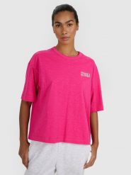 4F T-shirt oversize z nadrukiem damski - różowy L. Czerwone t-shirty damskie 4F, l, bez wzorów, z bawełny, klasyczne, bez kołnierzyka, bez ramiączek. W wyprzedaży za 39.99 zł.