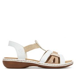 Sandały Rieker. Białe sandały damskie Rieker, bez wzorów, bez obcasa, na płaskiej podeszwie, bez zapięcia. Za 289.99 zł.