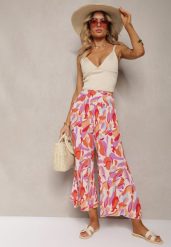 Beżowo-Różowe Spodnie Kuloty z Wiskozy High Waist z Gumką w Pasie Alaqinta. Brązowe spodnie materiałowe damskie Renee, bez wzorów, z jeansu, eleganckie, z podwyższonym stanem. Za 39.99 zł.