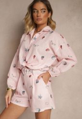 Różowy Komplet z Wiskozą Koszula i Szorty w Morski Print Reisoria. Czerwone koszule damskie Renee, m, bez wzorów, z materiału, eleganckie, bez kołnierzyka, bez ramiączek. Za 129.99 zł.