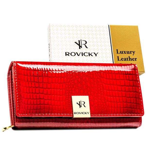 Duży, lakierowany portfel damski ze skóry naturalnej w czerwonym kolorze zamykany na zatrzask RH-20A-1-RS Rovicky. Czerwone portfele damskie ROVICKY, z lakierowanej skóry. Za 94.99 zł.