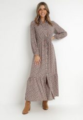 Brązowa Sukienka Hesolis. Brązowe sukienki damskie Born2be, l, z aplikacjami, klasyczne, bez kołnierzyka, bez ramiączek, maxi, koszulowe. Za 129.99 zł.