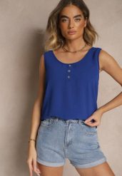 Niebieski Top z Bawełną Ozdobiony Guzikami Ulosiella. Niebieskie topy damskie Renee, l, bez wzorów, z bawełny, eleganckie, bez kołnierzyka, bez ramiączek. Za 34.99 zł.
