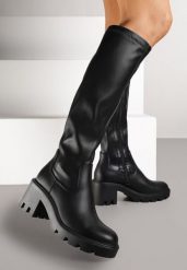 Czarne Kozaki na Słupkowym Obcasie z Przylegającą Cholewką Vemariel. Czarne kozaki damskie Renee, na jesień, bez wzorów, z jeansu, bez obcasa, na obcasie, bez zapięcia. Za 229.99 zł.