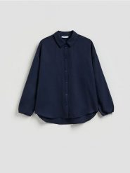 Koszula z falbaną - granatowy. Niebieskie koszule damskie Reserved, l, bez wzorów, z bawełny, bez kołnierzyka, bez ramiączek. Za 139.99 zł.