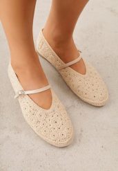 Ciemnobeżowe Balerinki VICES z Ażurową Cholewką i Plecionką Malella. Brązowe balerinki damskie Born2be, na lato, w ażurowe wzory, z materiału, klasyczne, z okrągłym noskiem, bez obcasa, na płaskiej podeszwie, bez zapięcia. Za 99.99 zł.