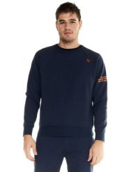 Męski sweter z okrągłym dekoltem i motywem lwa. Niebieskie swetry męskie LEONE 1947 APPAREL, m, bez wzorów, z bawełny, bez kołnierzyka, bez ramiączek. Za 147.31 zł.