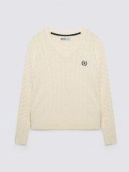 Sweter damski ze splotem warkoczowym z dekoltem v-neck biały Nisa 100. Białe swetry nierozpinane damskie BIG STAR, l, bez wzorów, z bawełny, klasyczne, bez kołnierzyka, bez ramiączek. Za 199.99 zł.