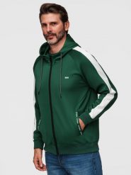 Rozpinana męska bluza z kapturem i lampasami - ciemnozielona V7 - Rozmiar: M. Zielone bluzy sportowe męskie Ombre Clothing, m, z aplikacjami, z dzianiny, z kapturem. Za 189.99 zł.