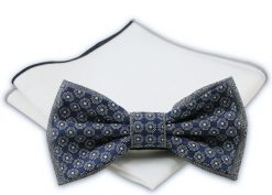 Granatowo-Szara Mucha + Poszetka - Chattier, Męska. Niebieskie krawaty i muchy Chattier, bez wzorów, eleganckie. Za 59.00 zł.