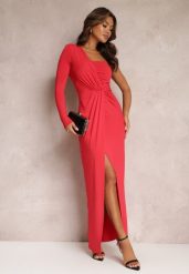 Czerwona Asymetryczna Sukienka Maxi Zdobiona Drapowaniem Kiari. Czerwone sukienki damskie Renee, l, z aplikacjami, z wiskozy, eleganckie, z asymetrycznym kołnierzem, bez ramiączek, maxi, asymetryczne. Za 99.99 zł.