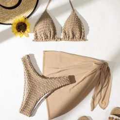 Strój kąpielowy z pareo z miękkiej tkaniny na lato Austina. Brązowe stroje kąpielowe damskie Intica, m, bez wzorów, z tkaniny. Za 149.00 zł.