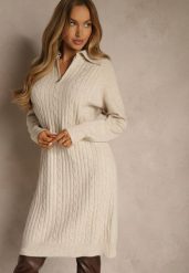 Jasnobeżowa Sweterkowa Sukienka z Bawełną i Wełną Ozdobiona Suwakiem Reinda. Brązowe sukienki damskie Renee, na co dzień, l, bez wzorów, z bawełny, bez kołnierzyka, bez ramiączek, midi, oversize. Za 89.99 zł.