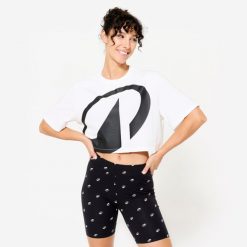 Koszulka z krótkim rękawem damska Domyos Gym & Pilates crop top. Białe bluzki damskie DOMYOS, xl, bez wzorów, z bawełny, sportowe, bez kołnierzyka, bez ramiączek. Za 49.99 zł.
