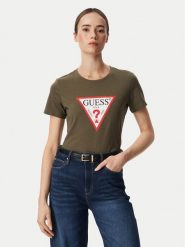 Guess T-Shirt W1YI1B I3Z14 Khaki Regular Fit. Brązowe t-shirty damskie Guess, xs, z aplikacjami, z bawełny, bez kołnierzyka, bez ramiączek. Za 154.99 zł.
