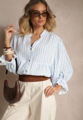 Niebieska Koszula z Bawełny z Dekoltem w Serek Zdobiona Kwiatowym Wzorem Mailisse. Niebieskie koszule damskie Renee, z aplikacjami, z bawełny, eleganckie, bez kołnierzyka, bez ramiączek. Za 99.99 zł.