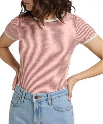 DAMSKI T-SHIRT LEE STRIPED RIBBED TEE AURORA RED L44SPFNV 112109978. Czerwone t-shirty damskie Lee, l, bez wzorów, bez kołnierzyka, bez ramiączek. Za 69.99 zł.