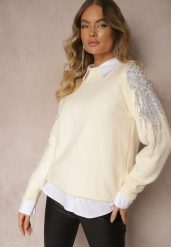 Jasnobeżowy Sweter Ozdobiony Cekinami Perłami i Cyrkoniami Nevaselle. Brązowe swetry nierozpinane damskie Renee, na zimę, bez wzorów, casualowe, bez kołnierzyka, bez ramiączek. Za 119.99 zł.