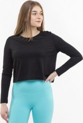 4f Koszulka damska longsleeve 4F F218 czarna 4FWSS24TFLOF218 20S L. Czarne bluzki damskie 4F, l, bez wzorów, bez kołnierzyka, bez ramiączek. Za 100.49 zł.