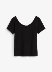 T-shirt z głębokim dekoltem z tyłu. Czarne t-shirty damskie bonprix, bez wzorów, bez kołnierzyka, bez ramiączek. Za 64.99 zł.