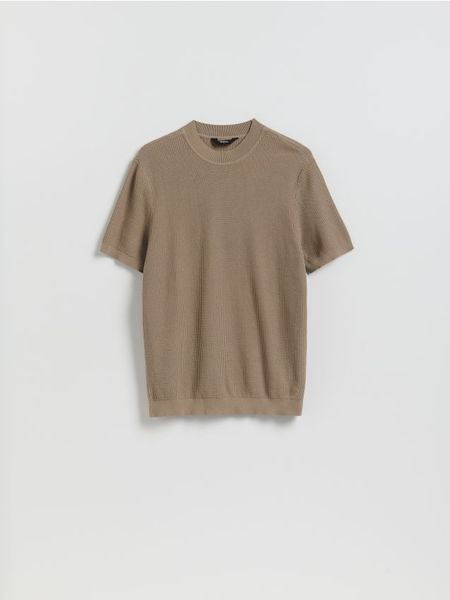 Strukturalny sweter - brązowy. Brązowe swetry męskie Reserved, l, bez wzorów, z bawełny, bez kołnierzyka, bez ramiączek. W wyprzedaży za 69.99 zł.
