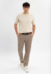 Materiałowe spodnie R-MARSHALL. Brązowe eleganckie spodnie męskie Volcano, bez wzorów, z bawełny. Za 179.99 zł.
