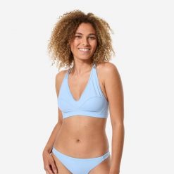 Góra kostiumu kąpielowego surfingowego damska Decathlon Ana duże rozmiary. Niebieskie bikini Decathlon, bez wzorów, z elastanu. Za 89.99 zł.