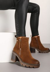 Ciemnobrązowe Botki na Słupku Boho z Suwakiem Sirdre. Brązowe botki damskie Born2be, bez wzorów, boho, za kostkę, bez obcasa, na obcasie, bez zapięcia. Za 149.99 zł.