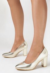 Złote Czółenka Corena. Żółte czółenka damskie Born2be, bez wzorów, eleganckie, bez obcasa, na słupku, bez zapięcia. Za 69.99 zł.