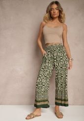Zielone Szerokie Spodnie Culottes z Bawełny w Ornamentalny Print Lisanella. Zielone spodnie materiałowe damskie Renee, bez wzorów, z bawełny, eleganckie. Za 29.99 zł.