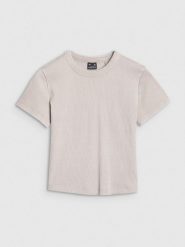 4F T-shirt slim z prążkowanej dzianiny damski - beżowy XL. Brązowe t-shirty damskie 4F, xl, bez wzorów, z bawełny, klasyczne, bez kołnierzyka, bez ramiączek. W wyprzedaży za 49.99 zł.