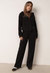 Czarny Komplet Dresowy z Prążkowanej Dzianiny Szerokie Spodnie i Bluza z Kapturem Sinoh. Czarne bluzy damskie Born2be, l, bez wzorów, z dresówki, eleganckie, bez ramiączek, z kapturem. Za 169.99 zł.