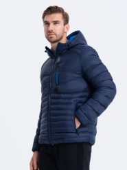 Kurtka męska pikowana z kapturem - granatowa V1 - Rozmiar: XL. Niebieskie kurtki sportowe męskie Ombre Clothing, m, bez wzorów, z kapturem. W wyprzedaży za 99.99 zł.