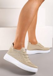 Beżowe Tenisówki z Elastyczną Cholewką Oplineria. Brązowe obuwie sportowe damskie Born2be, bez wzorów, bez zapięcia. Za 64.99 zł.