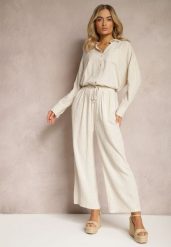 Beżowe Szerokie Spodnie z Wiskozy z Dodatkiem Lnu Delsira. Brązowe spodnie materiałowe damskie Renee, bez wzorów, z jeansu, eleganckie, z podwyższonym stanem, długie. Za 129.99 zł.