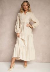 Jasnobeżowa Rozkloszowana Sukienka z Wiskozy w Stylu Boho z Koronką i Gumką Gonalien. Brązowe sukienki damskie Renee, na co dzień, na lato, l, bez wzorów, z koronki, boho, bez kołnierzyka, bez ramiączek, maxi, rozkloszowane. Za 119.99 zł.