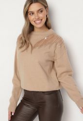 Ciemnobeżowy Sweter z Siateczkowymi Wstawkami z Cekinami Perełkami i Koralikami Evoriana. Brązowe swetry nierozpinane damskie Born2be, l, bez wzorów, z jeansu, eleganckie, bez kołnierzyka, bez ramiączek. Za 129.99 zł.