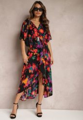 Czarno-Pomarańczowa Asymetryczna Sukienka z Gumką w Pasie i Kopertowym Dekoltem Perlana. Czarne sukienki damskie Renee, na imprezę, l, bez wzorów, eleganckie, z asymetrycznym kołnierzem, bez ramiączek, midi, asymetryczne. Za 54.99 zł.